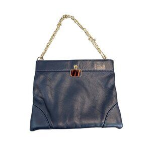 Vintage Ande Clamshell Navy Blue Handbag Purse Gold Strap Handle